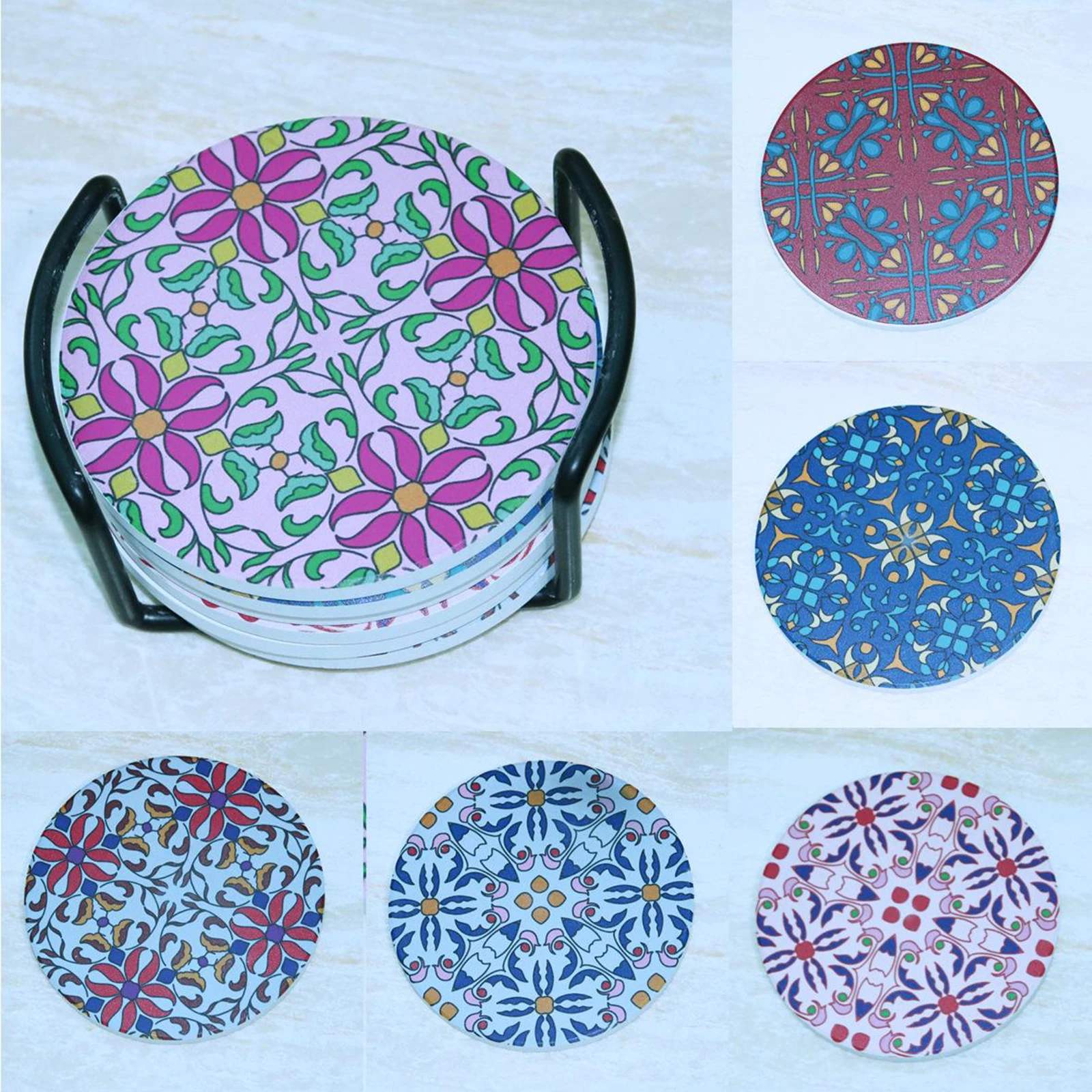 Ceramic Stone Mandala Floral Coasters for Wooden Table Cork Base Cup Pads for Gifts Dining Room Room Bar Decor