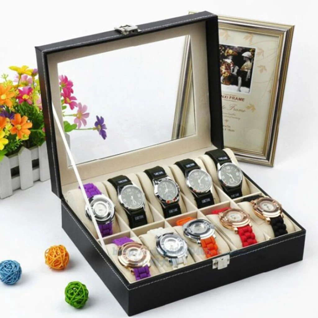 Leather 10 Slot Watch Box Glass Top Watch Jewelry Display Case Organizer