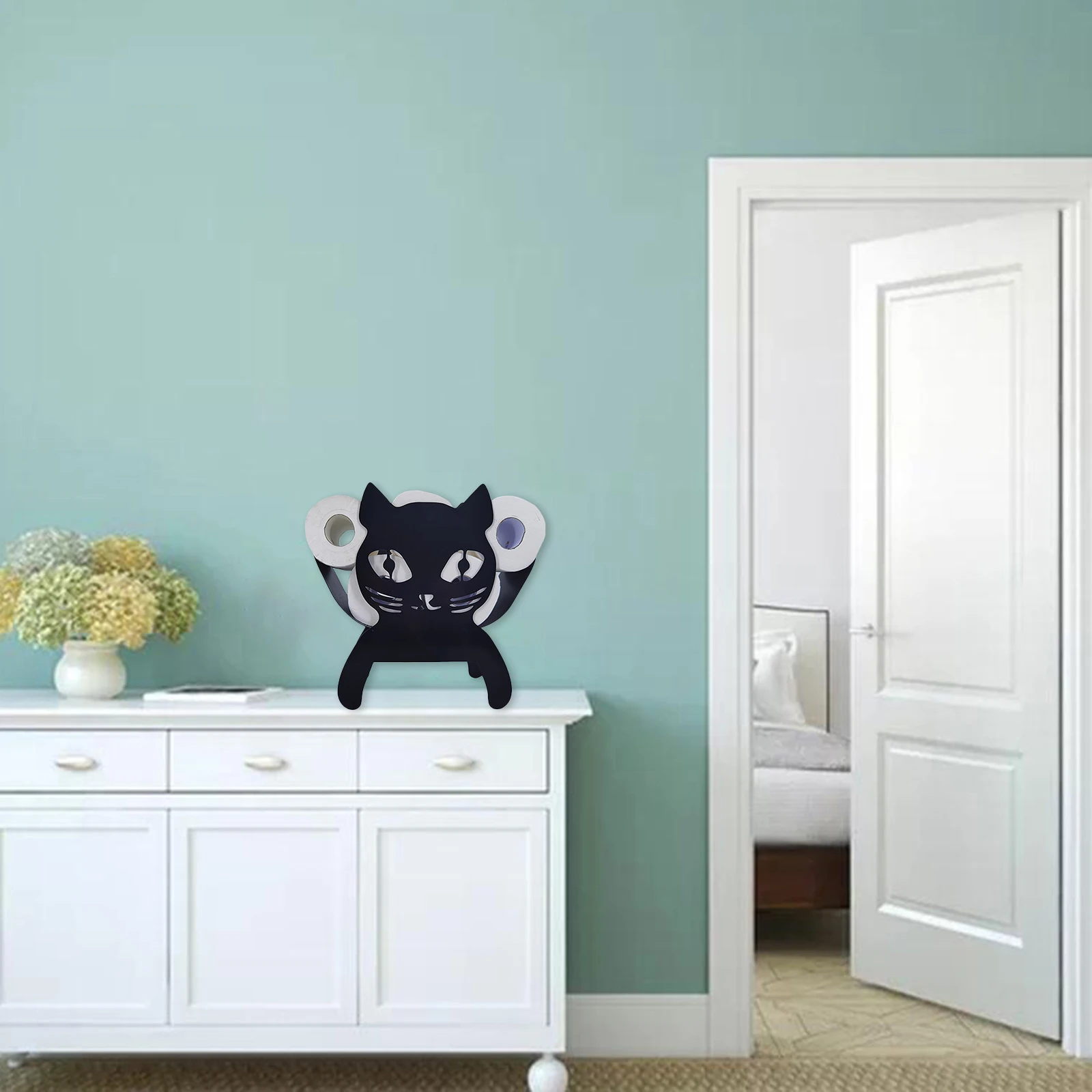 Creative Toilet Roll Holder Cat Tissue Holder Iron Craft Toilet Tissue Holder Rack Free Standing Roll Paper Stand Black 