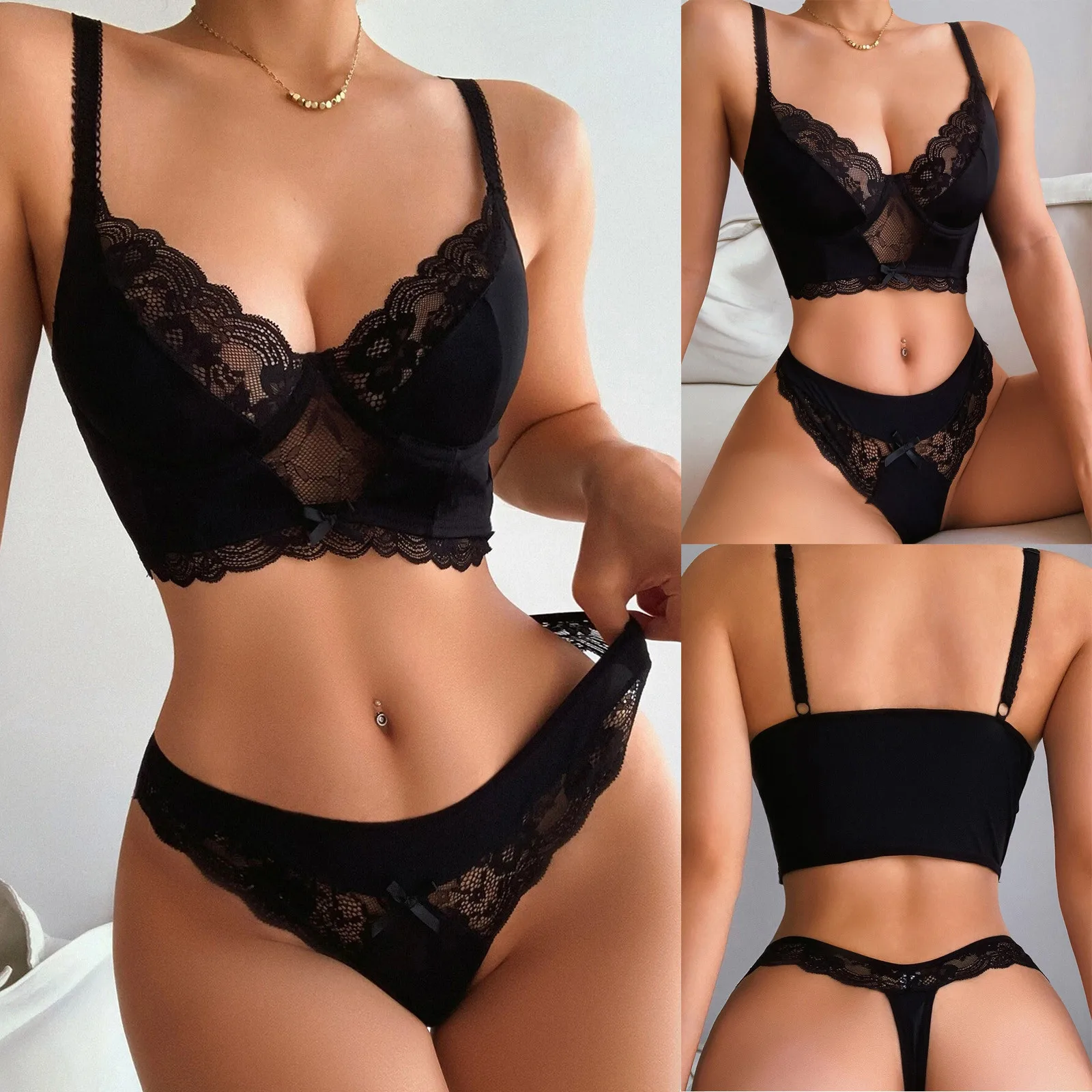 Ruffle Lace Lingerie Sexy Exotic Set Women's Underwear Transparent Short Skin Care Kits Sexy Lace Bra Brief Sets Erotic Intimate black lace underwear set