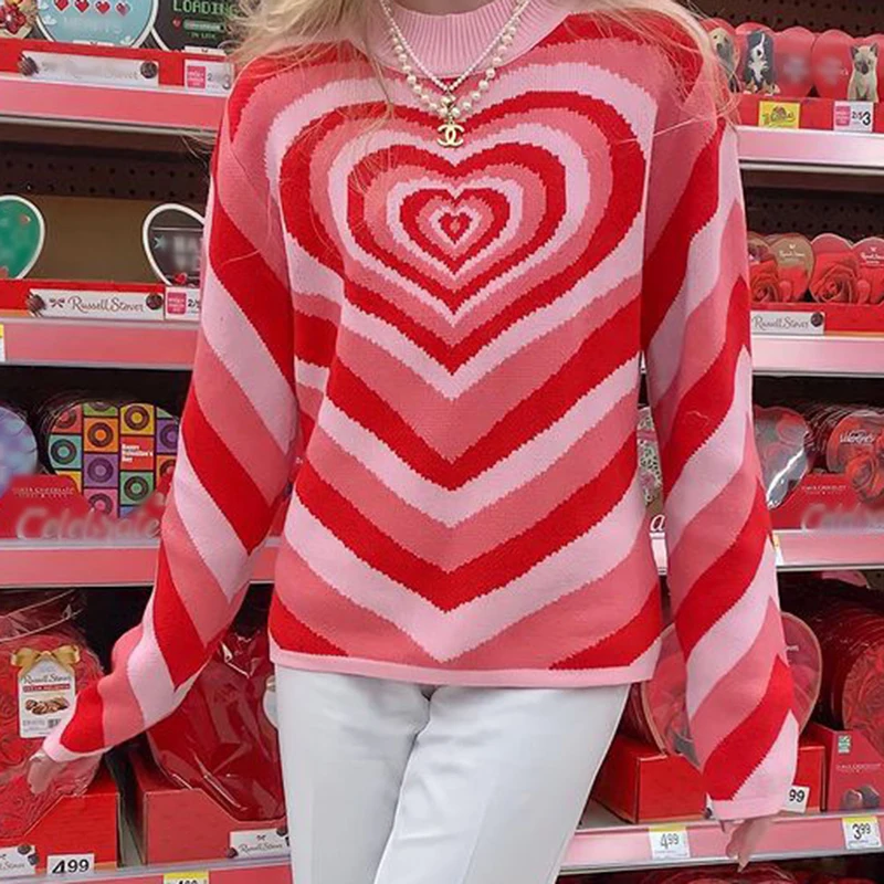 cropped sweater Y2K Aesthetics Heart Striped Turtleneck Pullovers E-girl Sweet Long Sleeve Hot Pink woman sweaters Harajuku 90s Knitwear Autumn cardigan