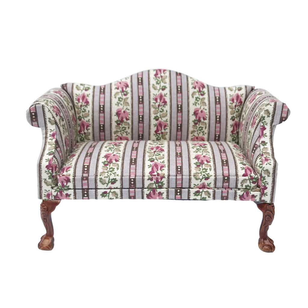 5 Dollhouse Sofa 1/12 Scale Furnish Floral Pattern Wooden Armchair Low Stool