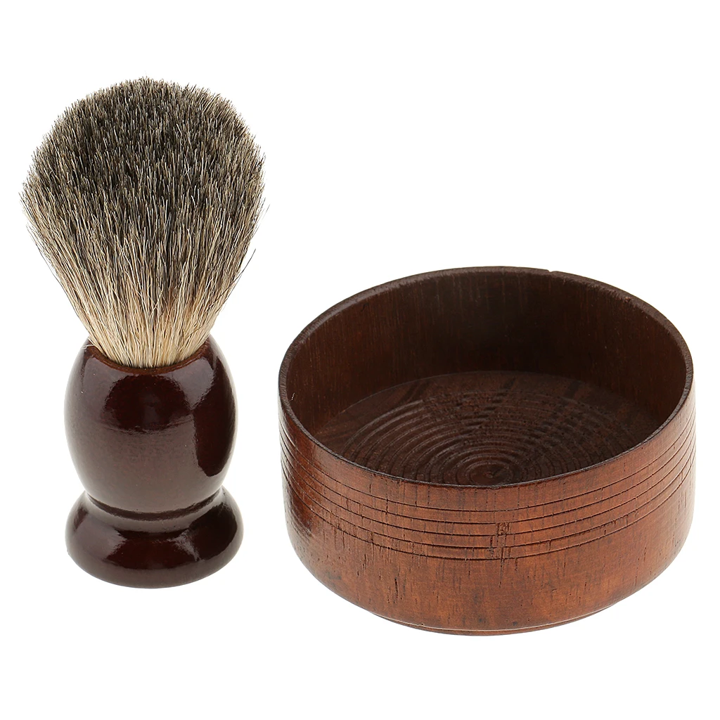 2 Pieces Wooden Shaving Set Brush W/ Wood Shave Soap Bowl for Men