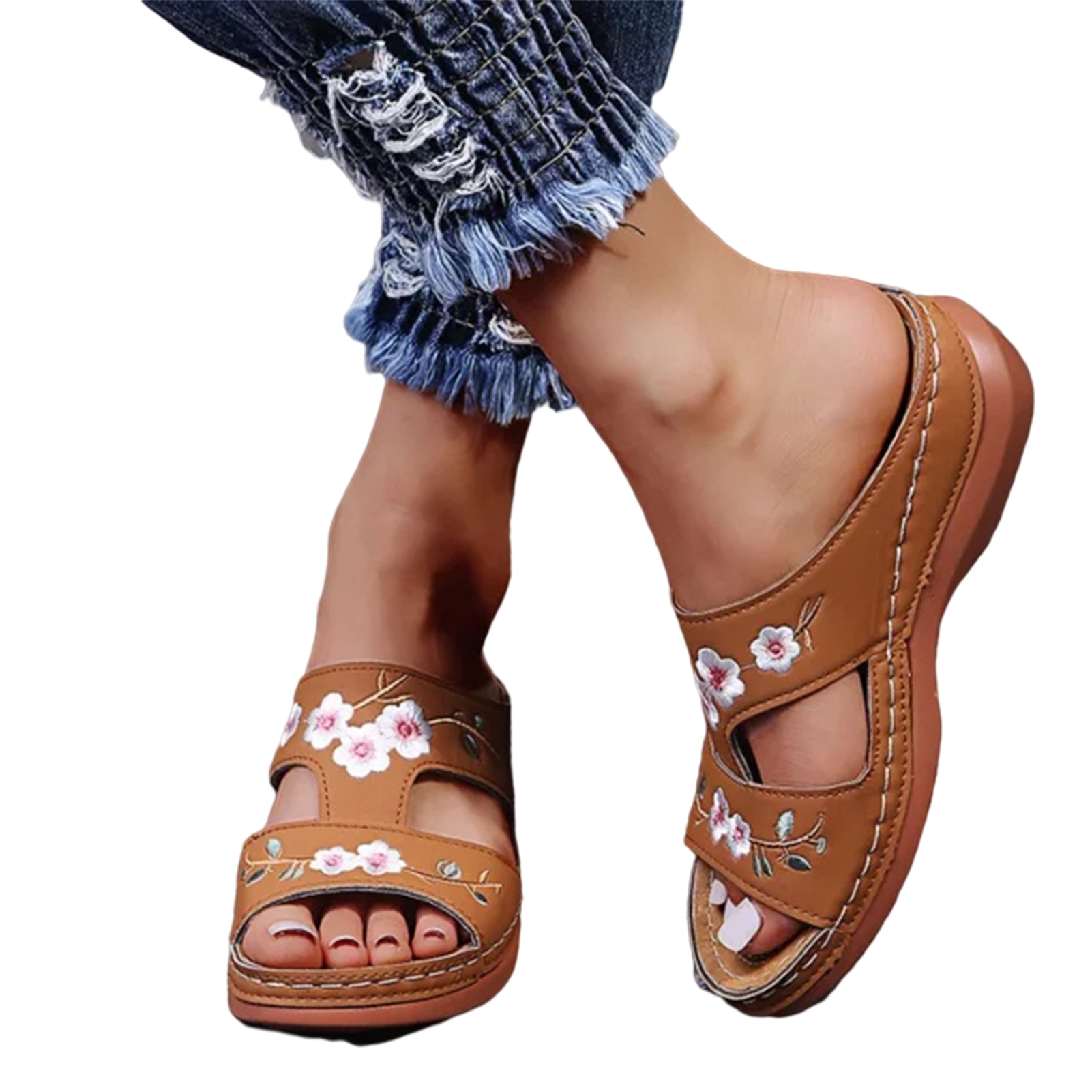 Sandalias ortopédicas Vintage de cuero con flores para mujer, calzado suave  e informal, con soporte para arco, de talla grande|Zapatillas| - AliExpress