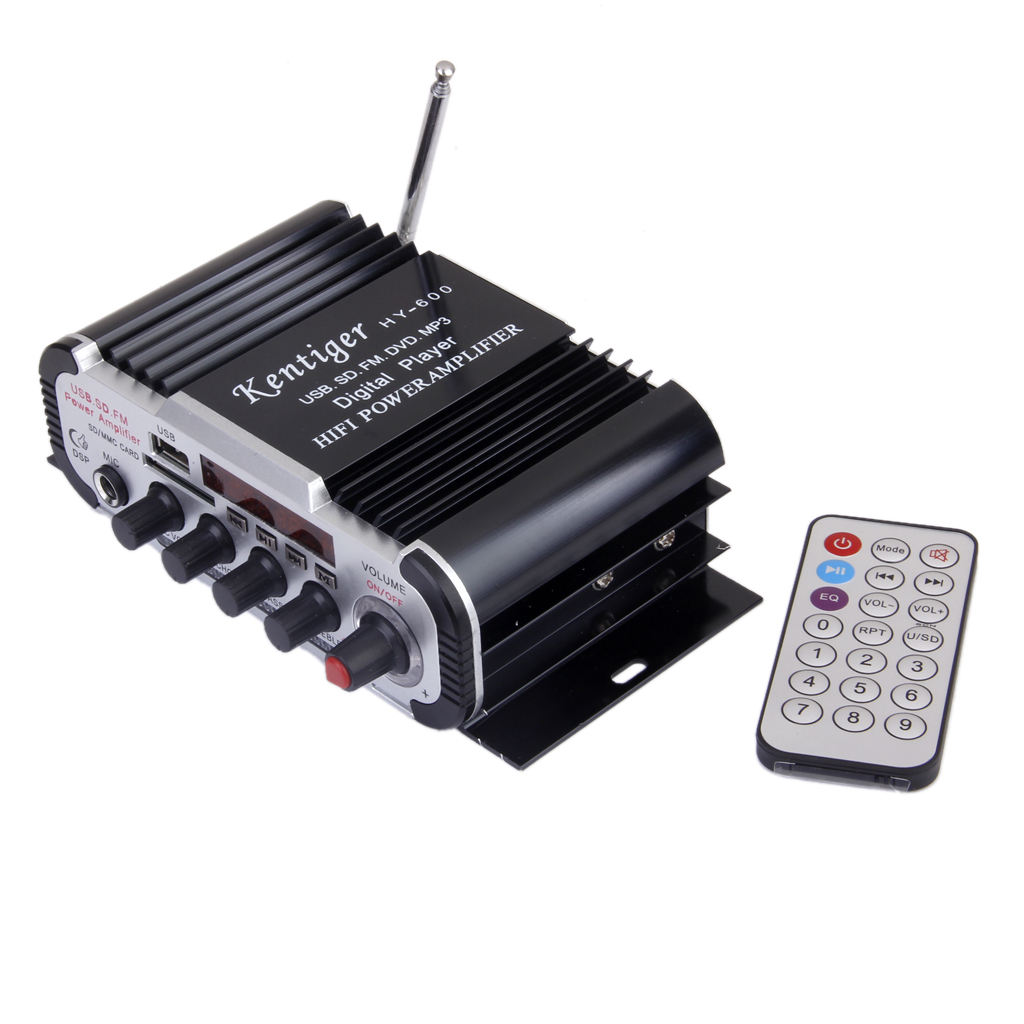 12V HY-600 2CH Mini Stereo Microphone Power Amplifier 20Wx2 USB SD FM Black