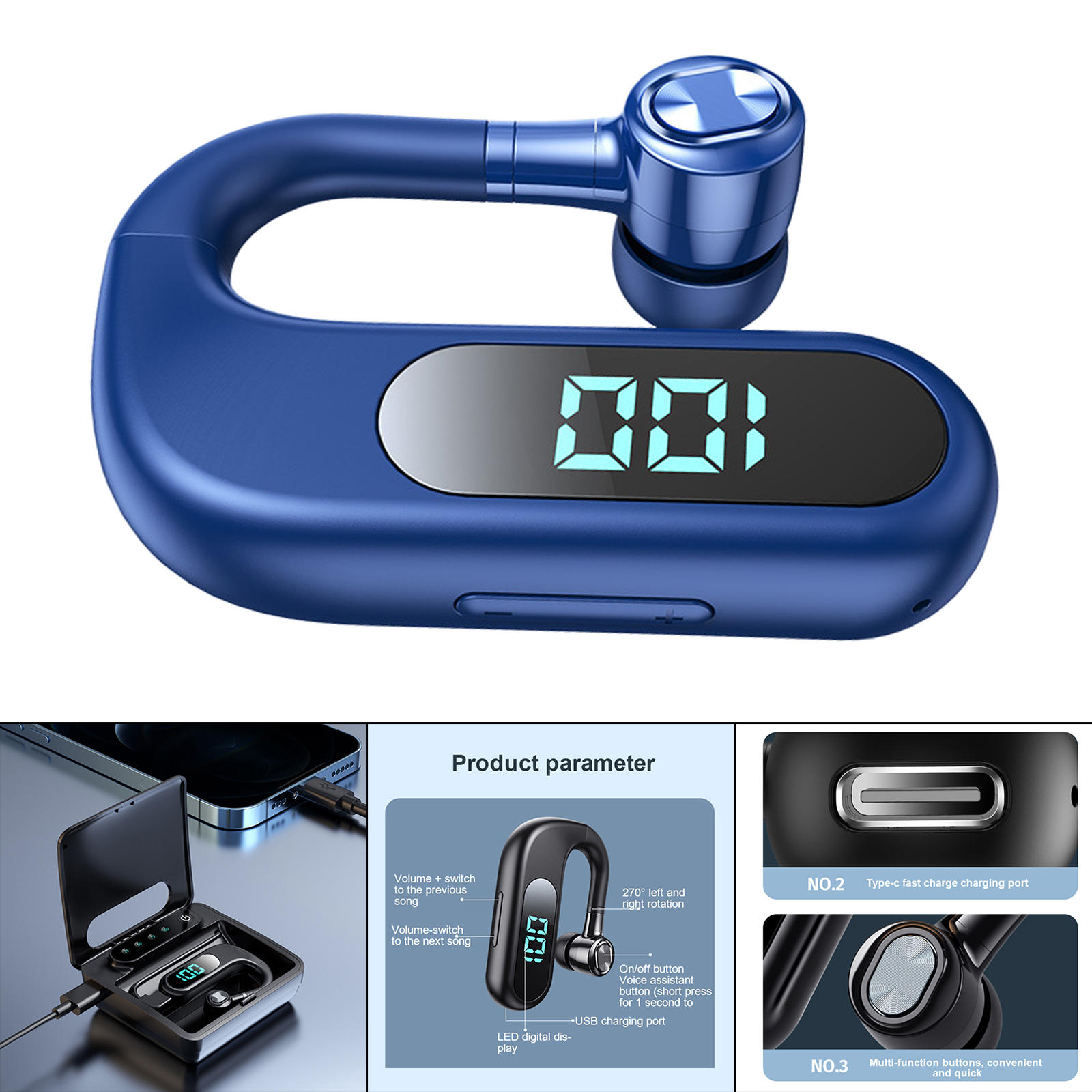 Bluetooth 5.2 Earphone Headphone Unilateral NFC Multipoint Connections Stereo Surround Waterproof Handsfree with Ear Caps Earbud