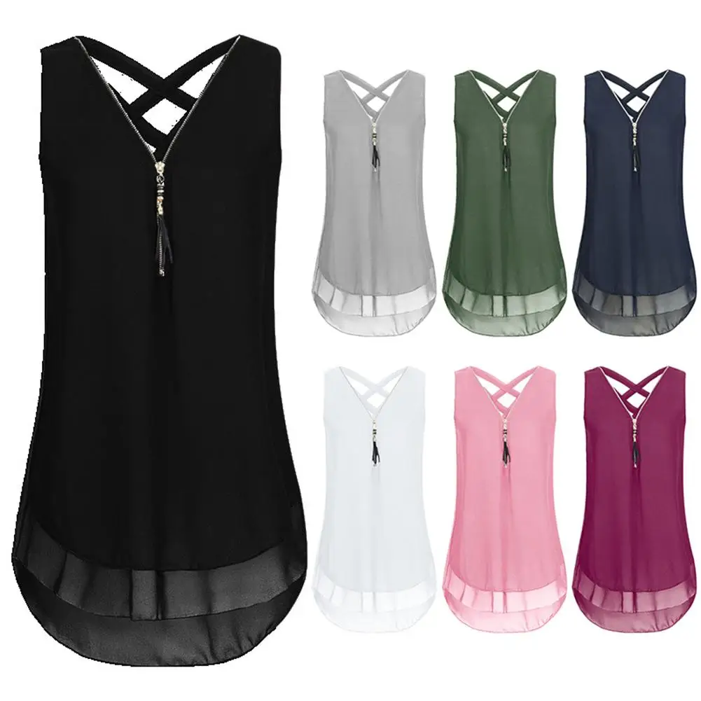 2021 New Summer Plus Size Lady Solid Color Casual V Neck Sleeveless Loose Chiffon Zipper Tanks  Hollow Out T-Shirts Vest chrome hearts t shirt