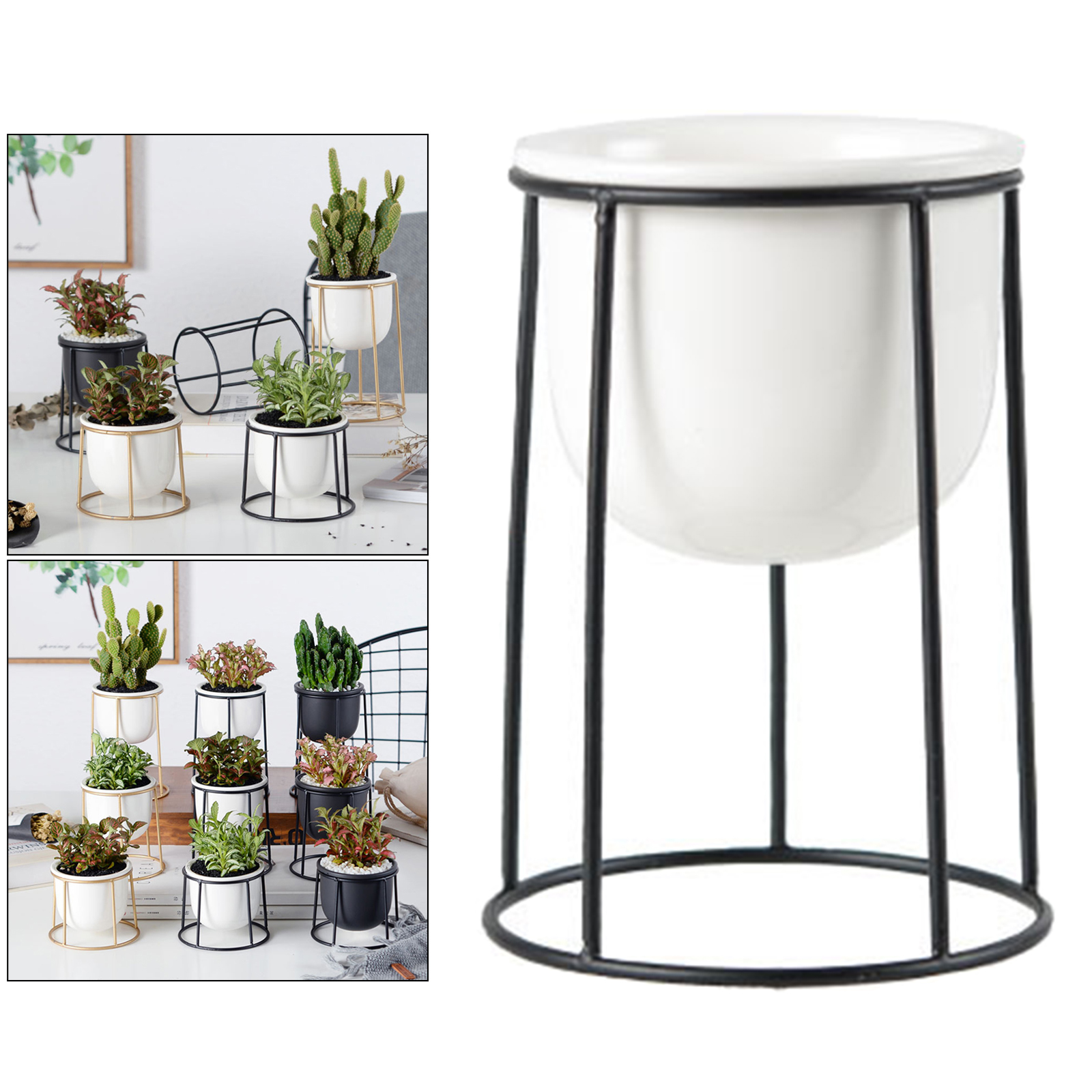 Modern White Ceramic Flower Pots with Iron Frame Stand Holder Home Decoration Succulent Plant Pot
