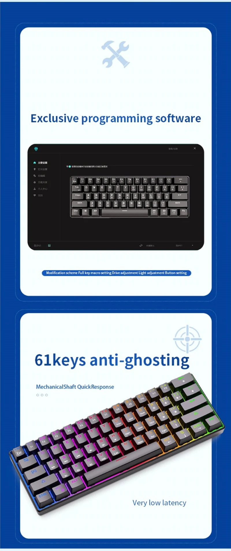 LANGTU G1000 Blue Switch Rainbow RGB Backlit 61-Key Bluetooth 5.0 Wireless Mechanical Keyboard with 3 Connection Modes Black