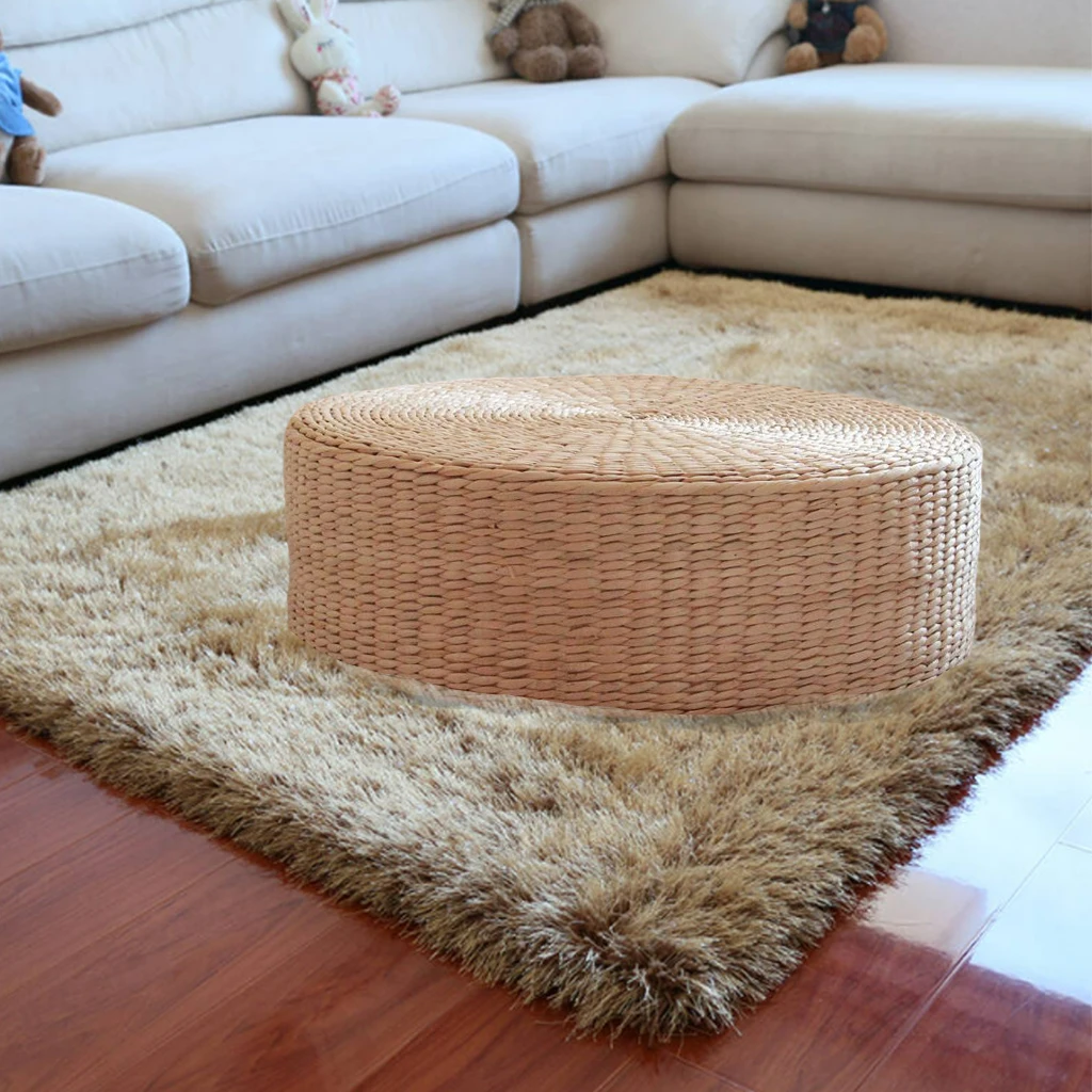 Natural Straw Floor Cushion Pouf Pure Hand Woven Room Patio Seat Pillow Yoga Worship Flat Mat Pad for Outdoor Indoor 40cm