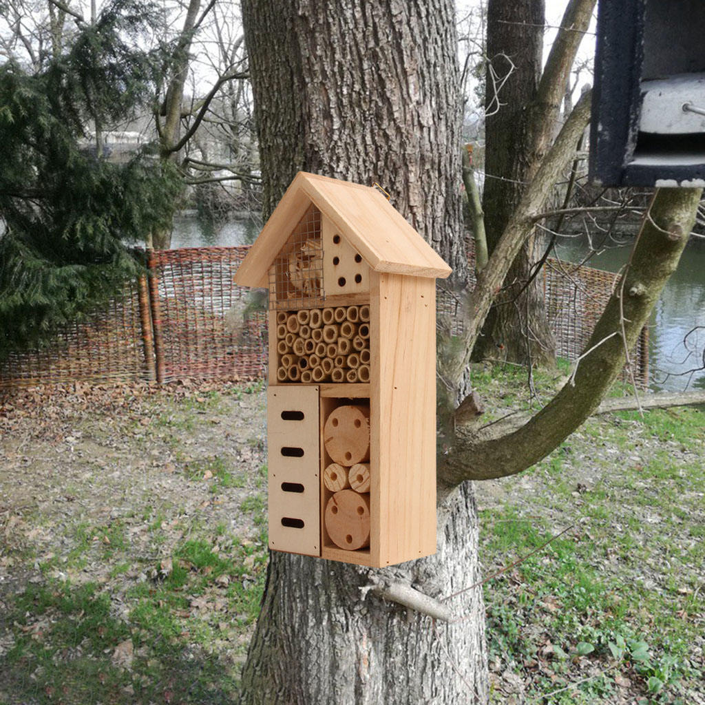 Wooden Insect Hotel Box Hive Ladybugs Nest Hanging Shelter Home for Outdoor Garden