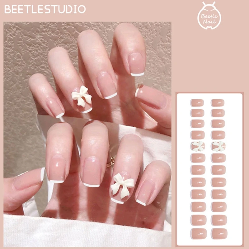 Wearable Nail Patch Candy Fake Nails Pink French Tip Press On ...