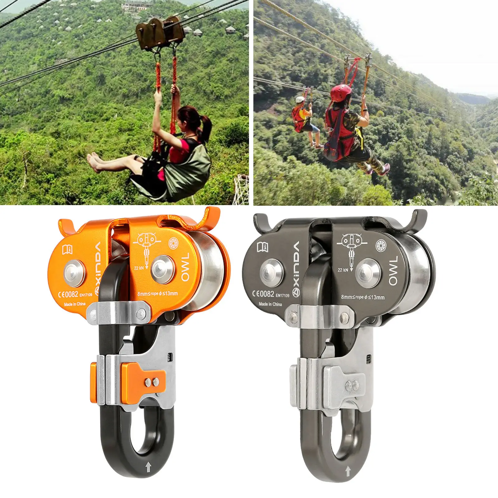 22KN Rock Climbing Zip Line Cable Speed Dual Pulley for Hauling Trucking Climbing Rigging Tensioning Outdoor Trips