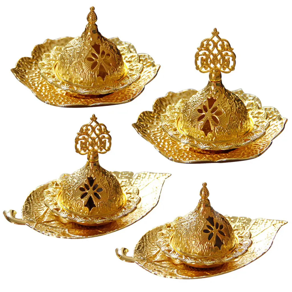 Golden Incense Burner Decoration Charcoal Incense Corn/Coil Holder Ash Catcher with Leaf Coaster, Lid, Home Decoration