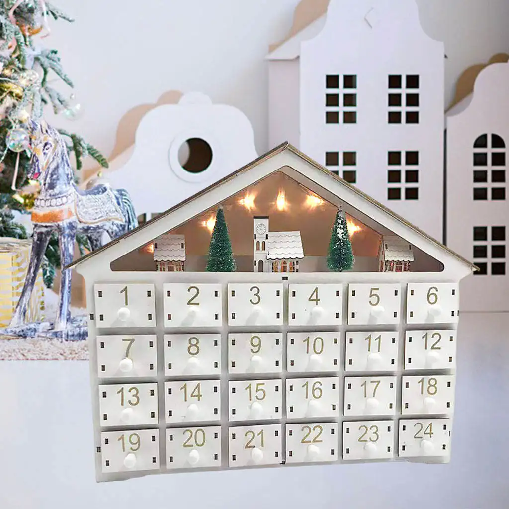 Creative Christmas Wooden Advent Calendar Table Decor with LED Light 24 Drawers Count Down Calendar for Kids Gifts Ornaments