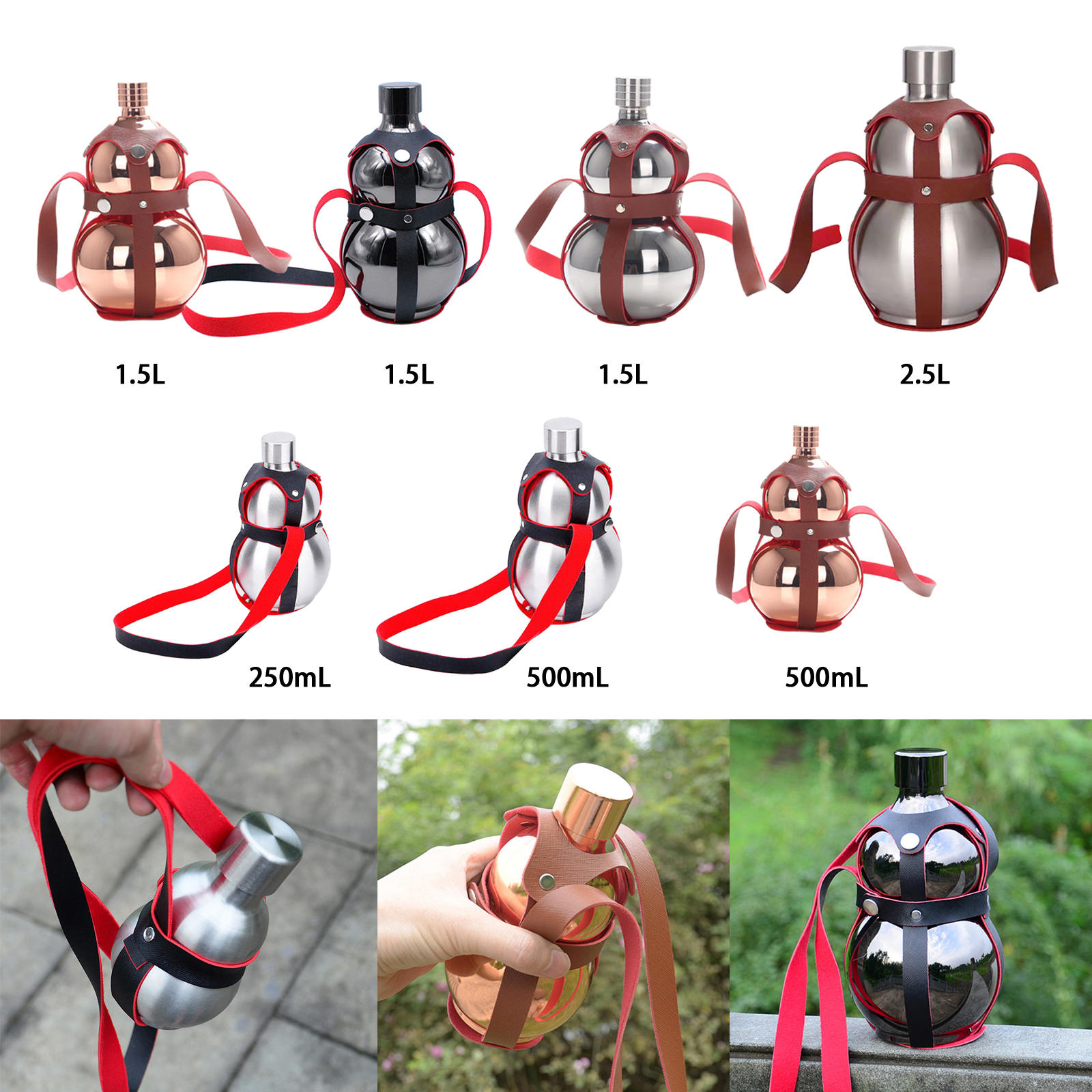 Leakproof Hip Flask Gourd Bottle Wine Jug Flagon 250ml 500ml Leather Belt for Outdoor