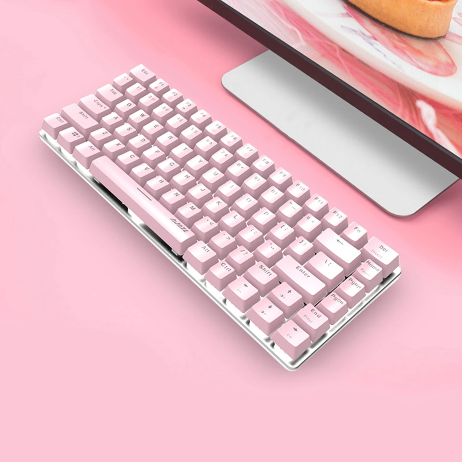 Pink Gaming Wired Keyboard 82 Keys Mini Compact 82 Keys Layout White Backlit Keyboard for Desktop Gamer Daily Use