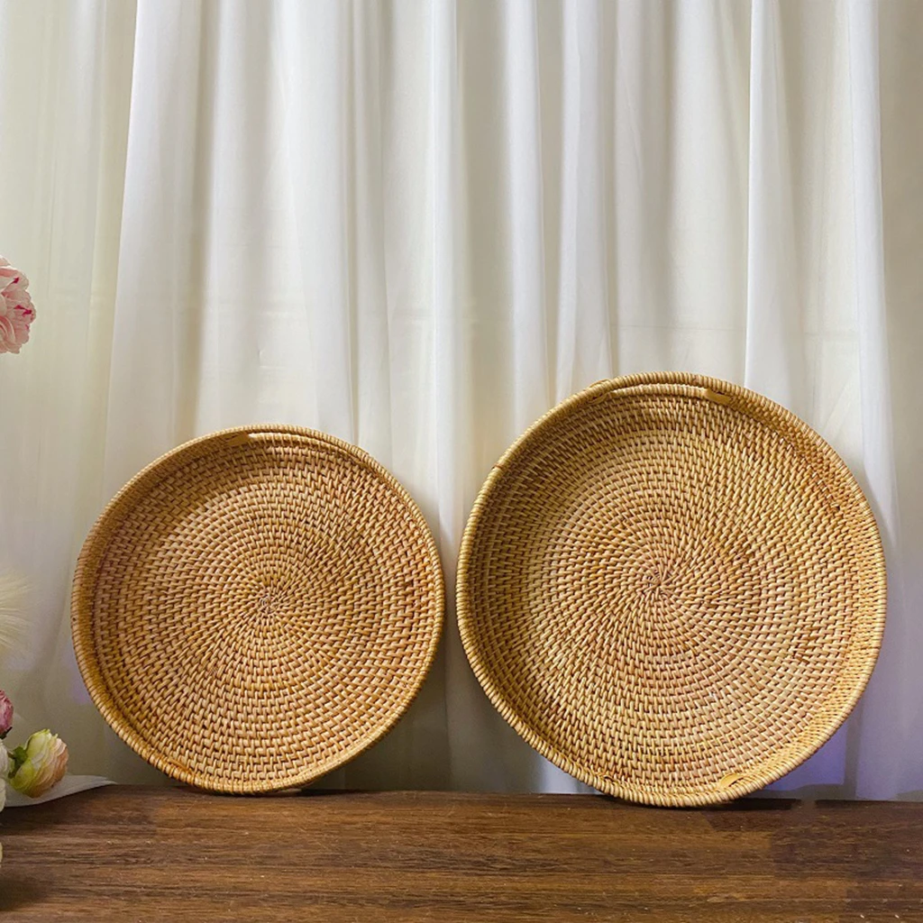 Rattan Handwoven Round Serving Tray Food Storage Plate With Handles Wicker Basket Wooden Tray For Drink Fruit Coffee Tea