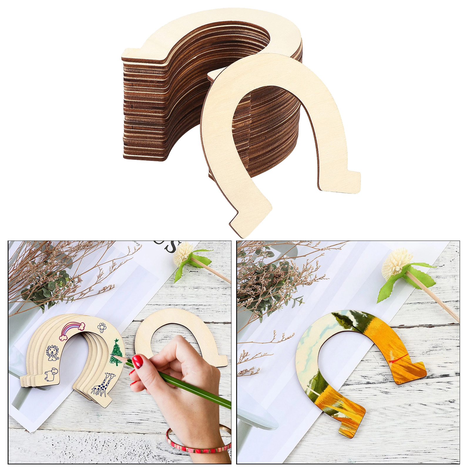 Wooden Slices Horse Shoes Shape Unfinished Wood Pieces for Birthday Decor