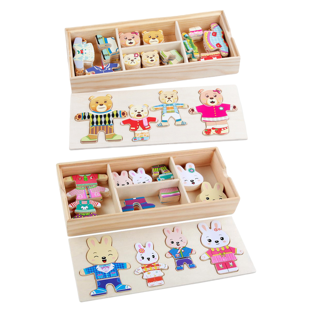 Wooden Puzzle Toy Changing Clothes Dress Up Bears/ Rabbits Sorting Matching Toys