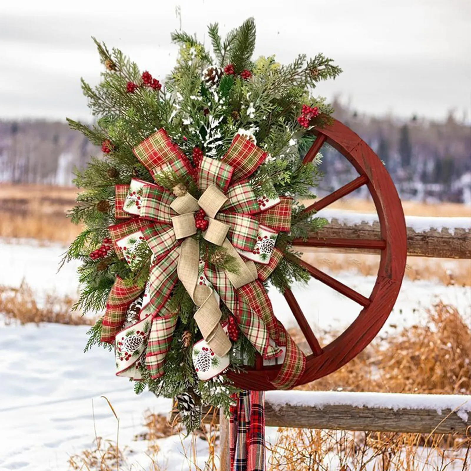 Red Winter Wreath-Farmhouse Wagon Wheel Red Wagon Wheel Wreath Vintage Farmhouse Wreath Christmas Wreath for Front Door Holiday Wreath Winter Decorative Wreath