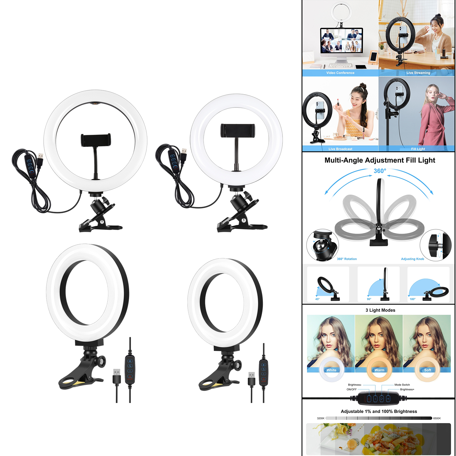 Ring Light Clip on Video Conference Lighting Set, 180 Rotation Angle, 10 Brightness Levels