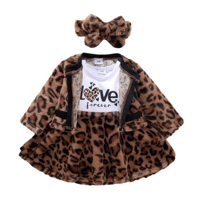 baby clothes set gift 3 Pcs Winter Baby Girls Letter Long Sleeve Dress Leopard Princess Dresses Headband Warm Outwear Cardigan Infant best Baby Clothing Set