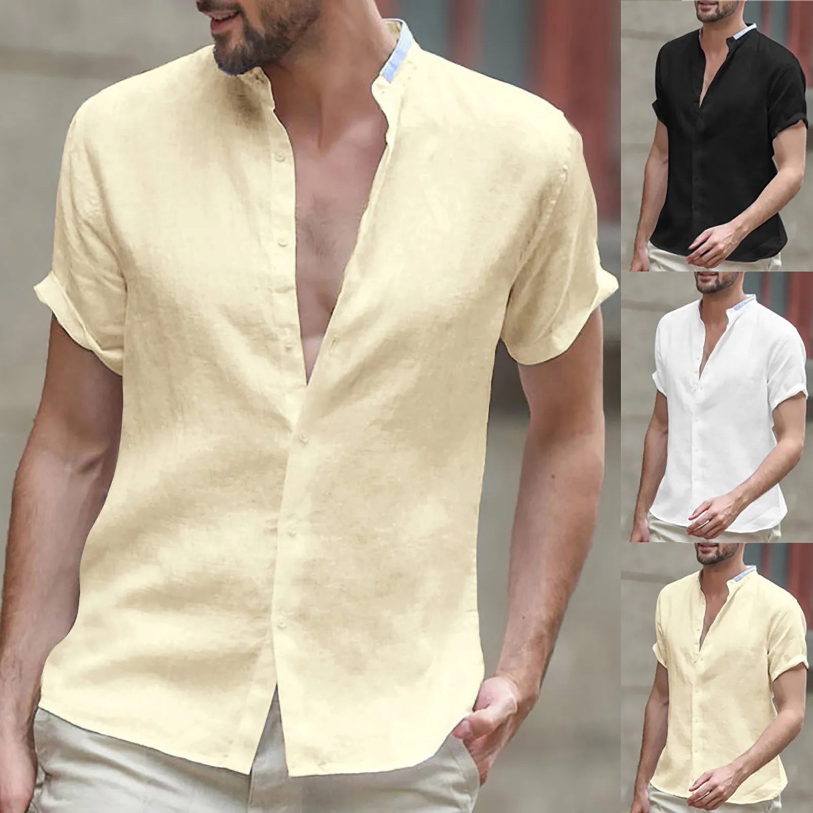 Men's Baggy Cotton Linen Solid Short Sleeve Button Retro T Shirts Tops Blouse 