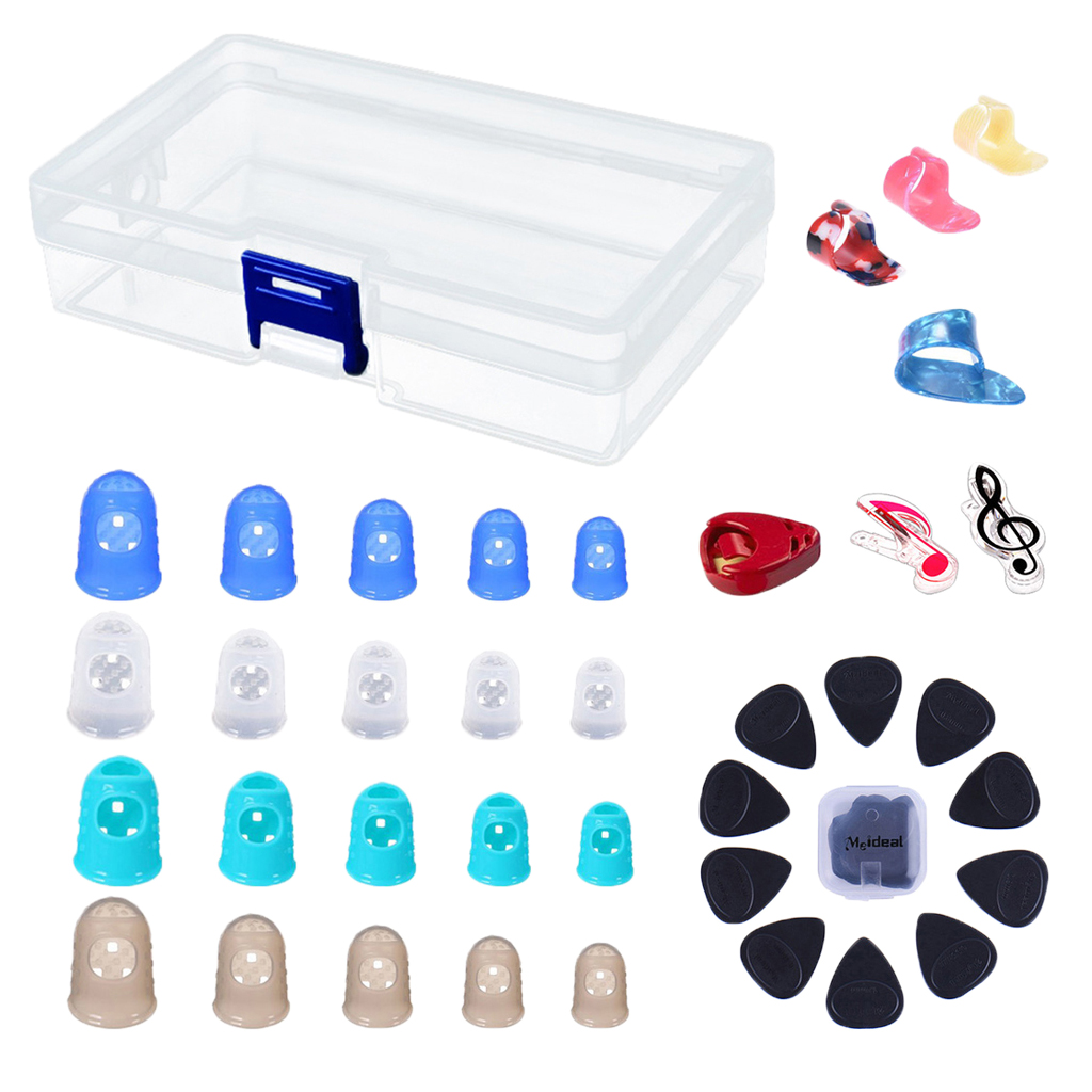 Durable 1 Set Guitar Bass Accessory, Silicone Fingertip+Picks+Page Clips+Picks Holder+ Box