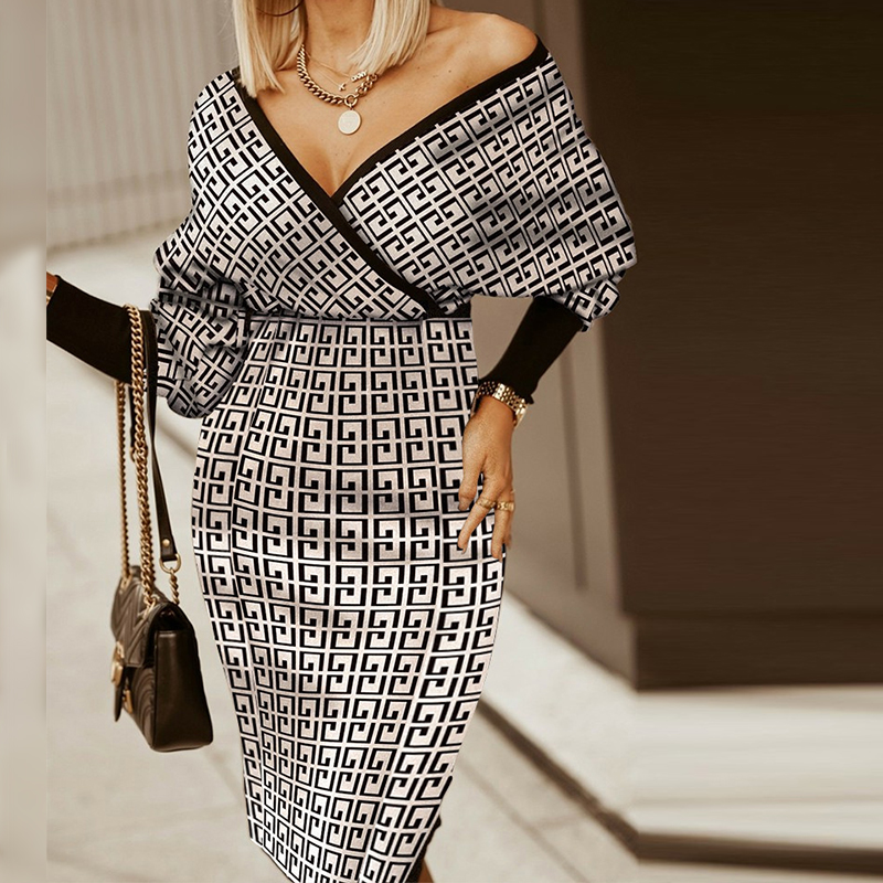 em v profundo com estampa Houndstooth, vestido