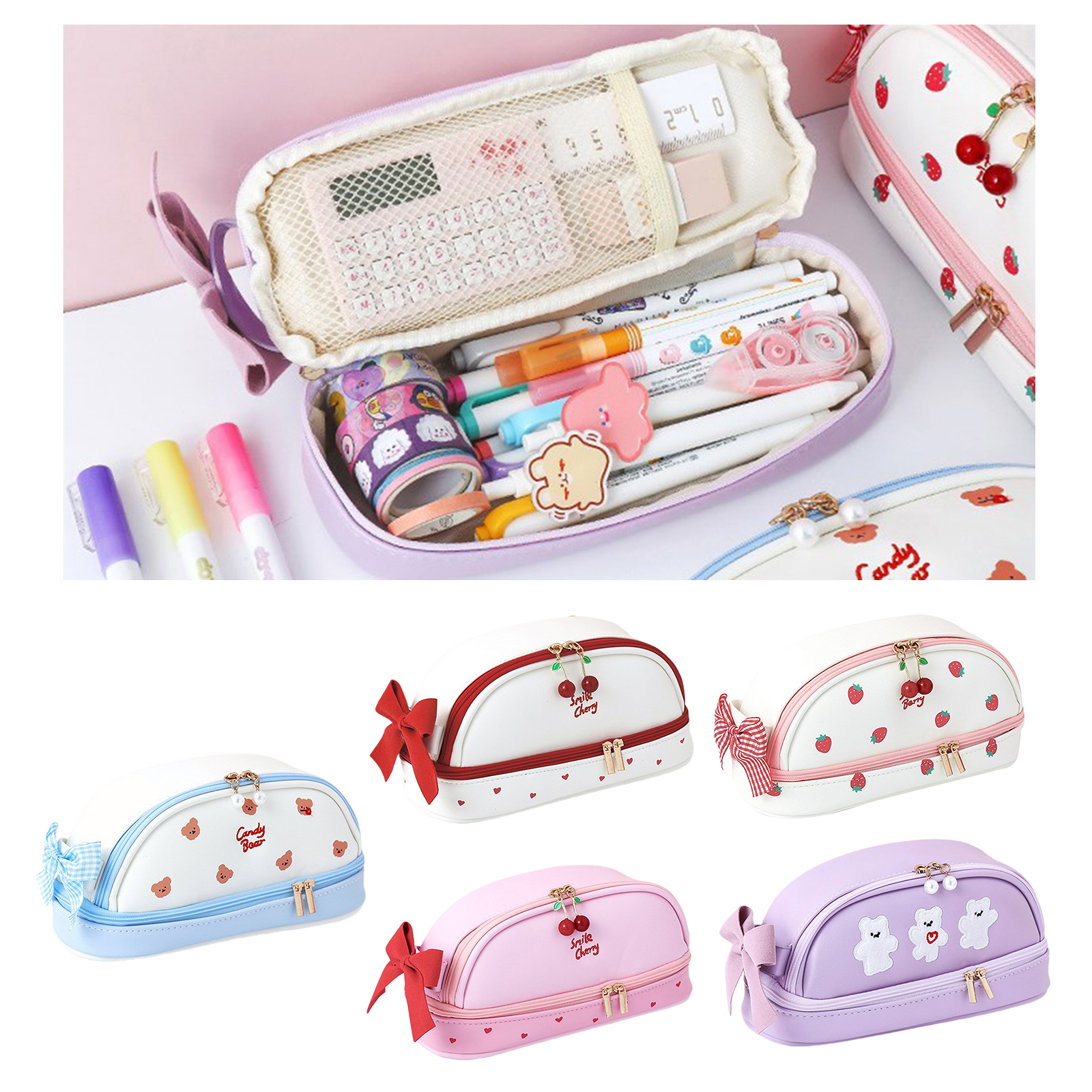 Lovely Pencil Case Stationery Storage Dual Zippered Pen Pouch Cosmetic Bag for Girls Gift