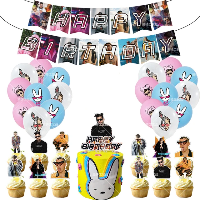  Bad Bunny-vajilla desechable de dibujos animados para niños, suministros para fiestas, vasos, platos, banderas, adornos, globos, decoración para fiestas de cumpleaños