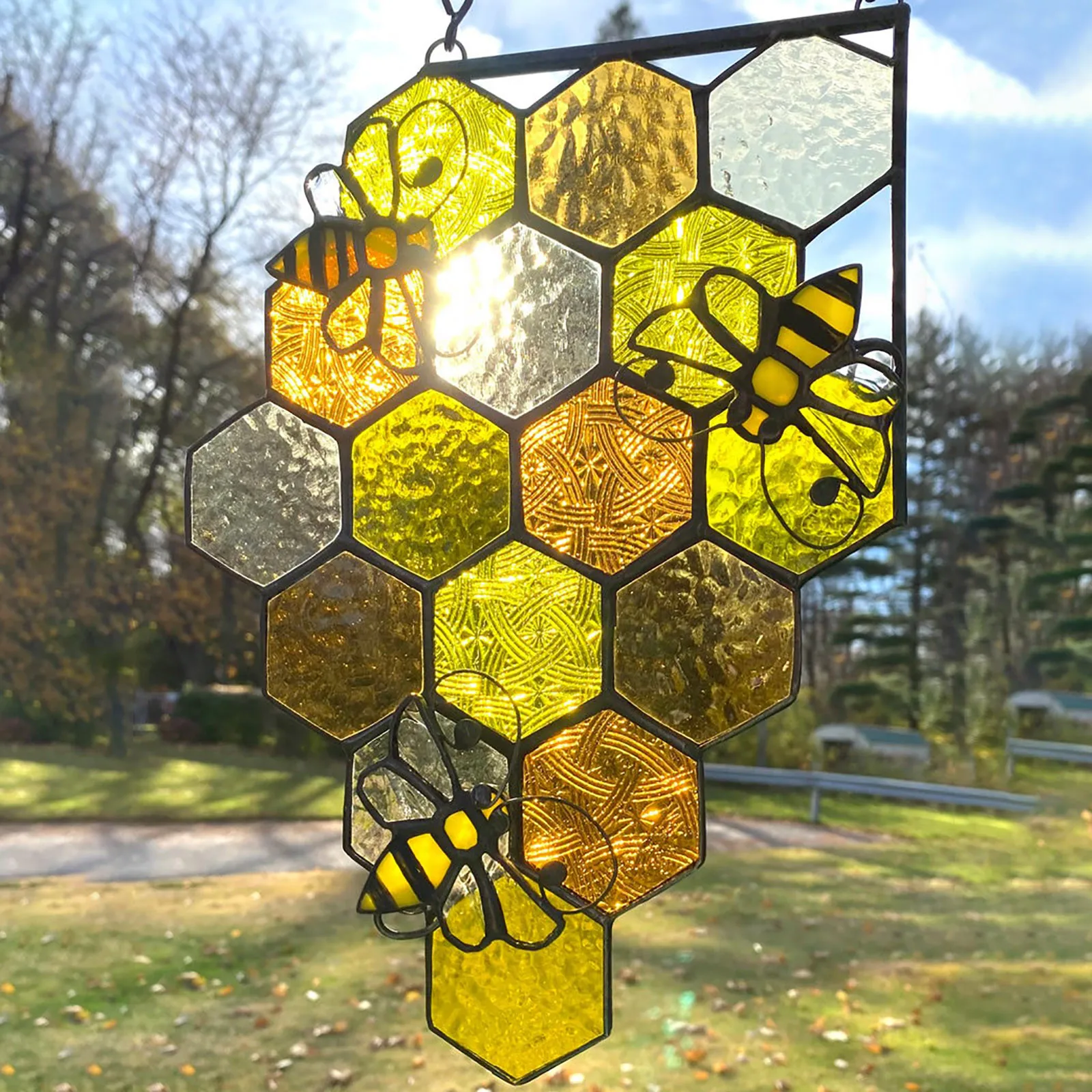 Bee & Honeycomb Suncatcher Stained Glass Effect Garden Window Decoration 