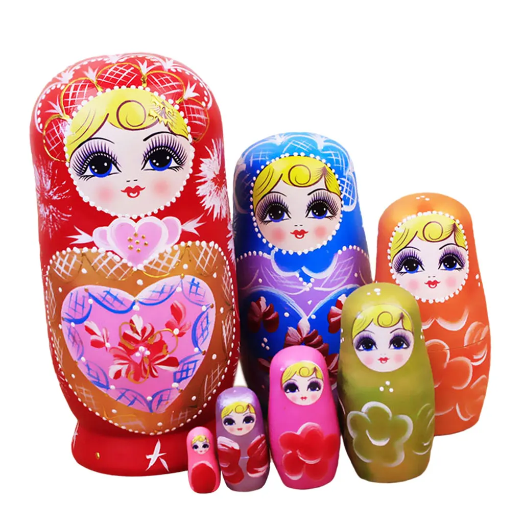 Set of 7 Girl Style Wooden Russian Nesting Dolls Set Matryoshka Toy