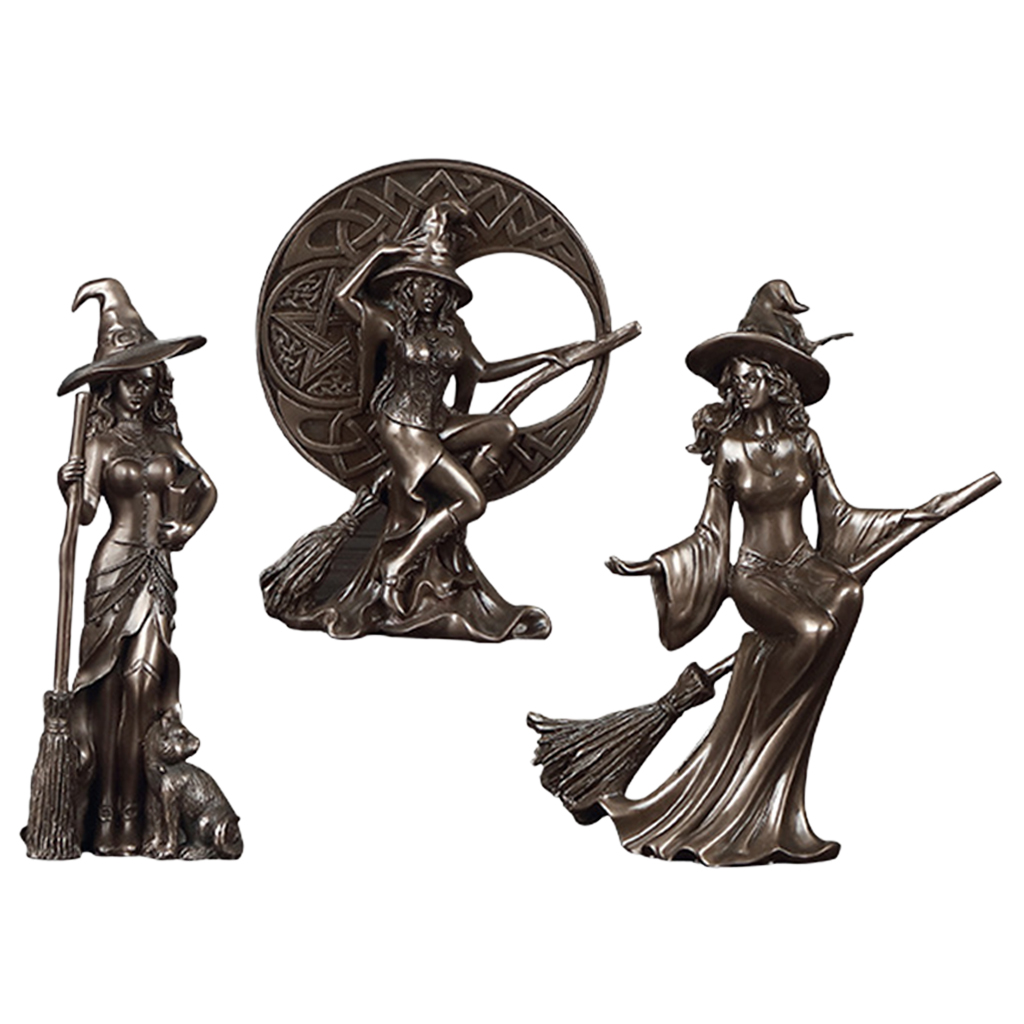 3Pcs Resin Cast Bronze Western Art Nordic Witch Figurines Novelty Characters Wizard Sculpture Home Office Statue Housewarming