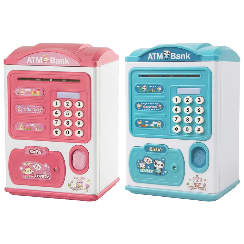 Mini ATM Machine Children`s Electric Piggy Bank Simulation Fingerprint Lock Automatically Rolling Money Password Lock Safe Boxes