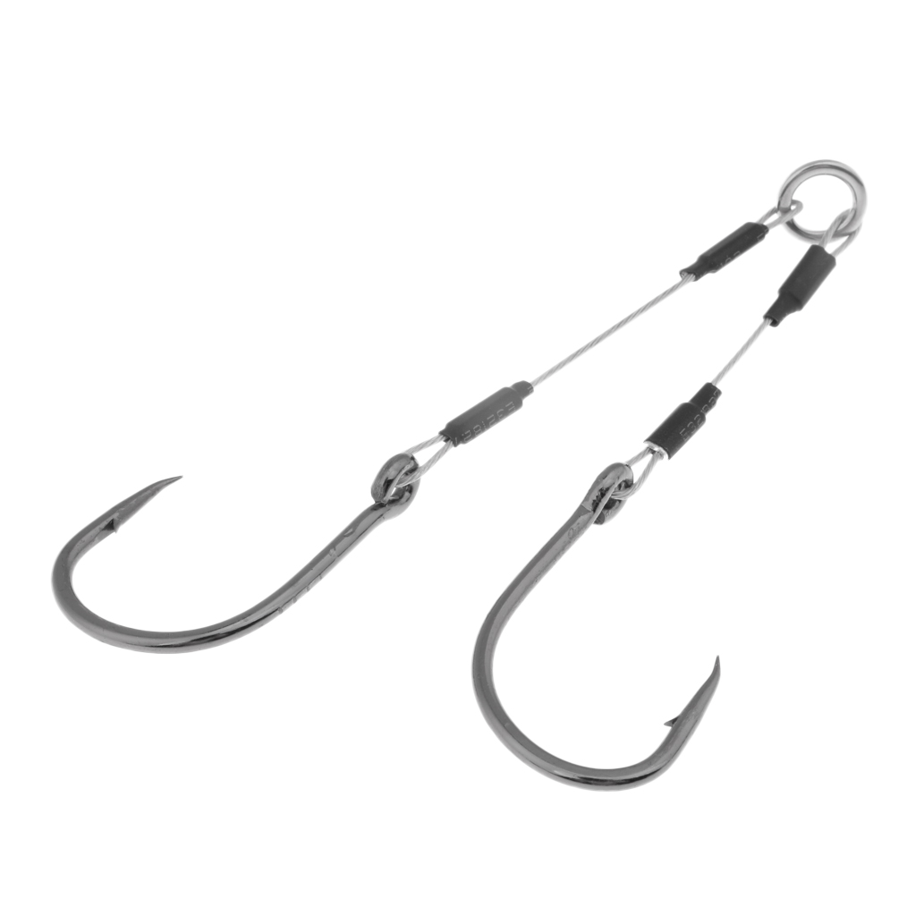 2pcs High-carbon Steel Dual Assist Hooks Jigging Fishing Hooks W/ Steel Line