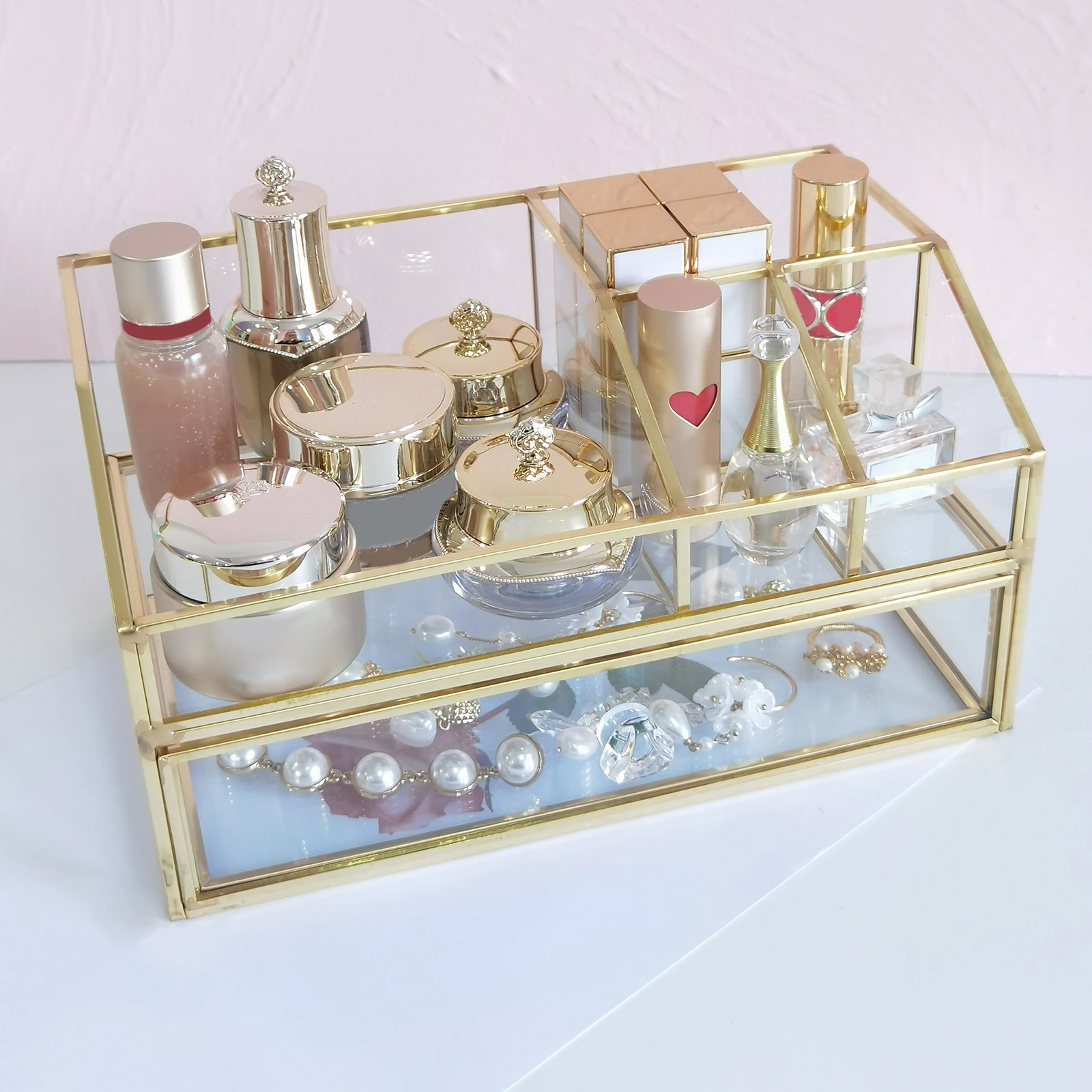 Makeup Organizer Drawers Clear Glass Cosmetic Storage Box Jewelry Container Make Up Case Makeup Brush Holder Organizers Box