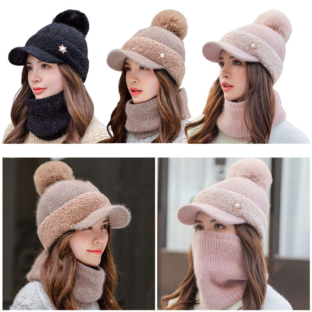 Women's Warm Beanie Hat Scarf Set, Knitted Wool Thick Visor Slouchy Skull Caps for Outdoor Ski, Cycling and Camping, Ladies