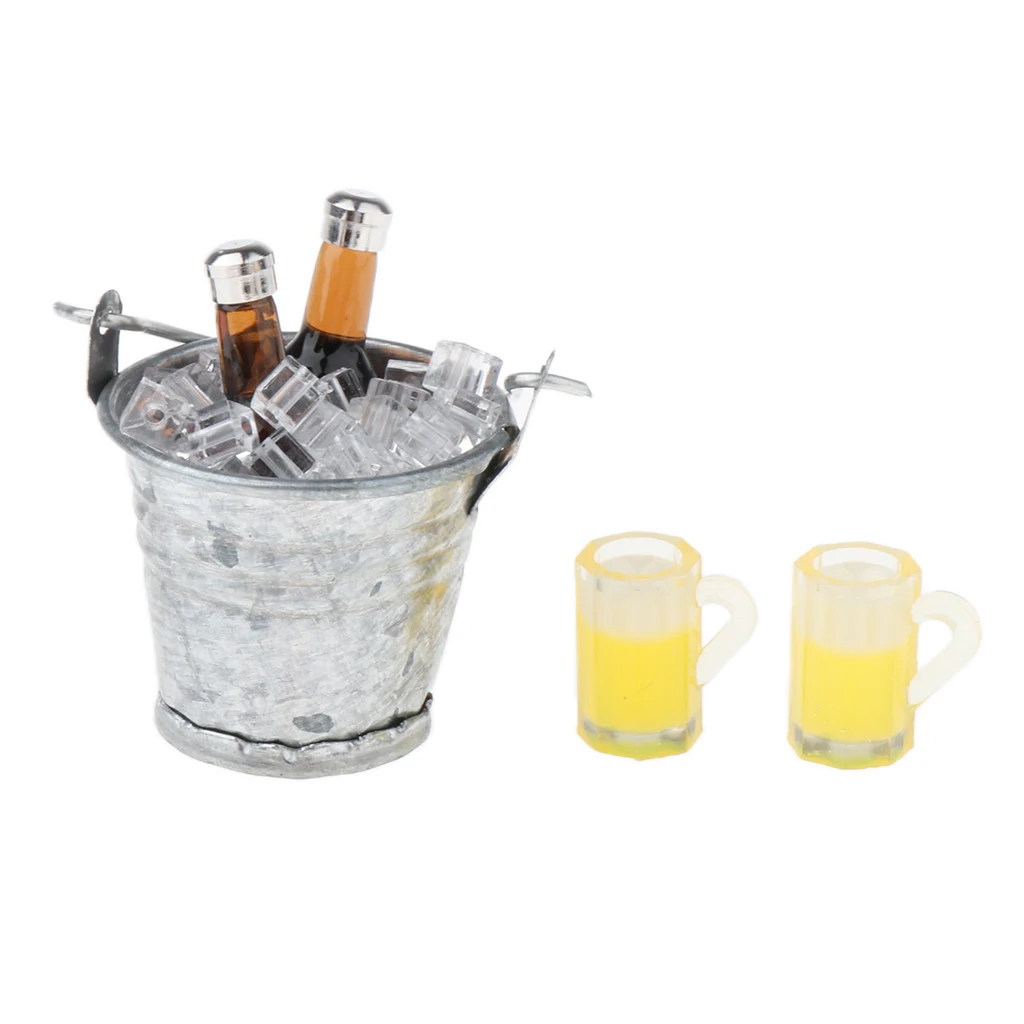 1/12 Scale Ice Bucket with Beer Bottles Mugs Set Kitchen Drinks for Dollhouse Life Scenes Decor, Kids Pretend Play Toy