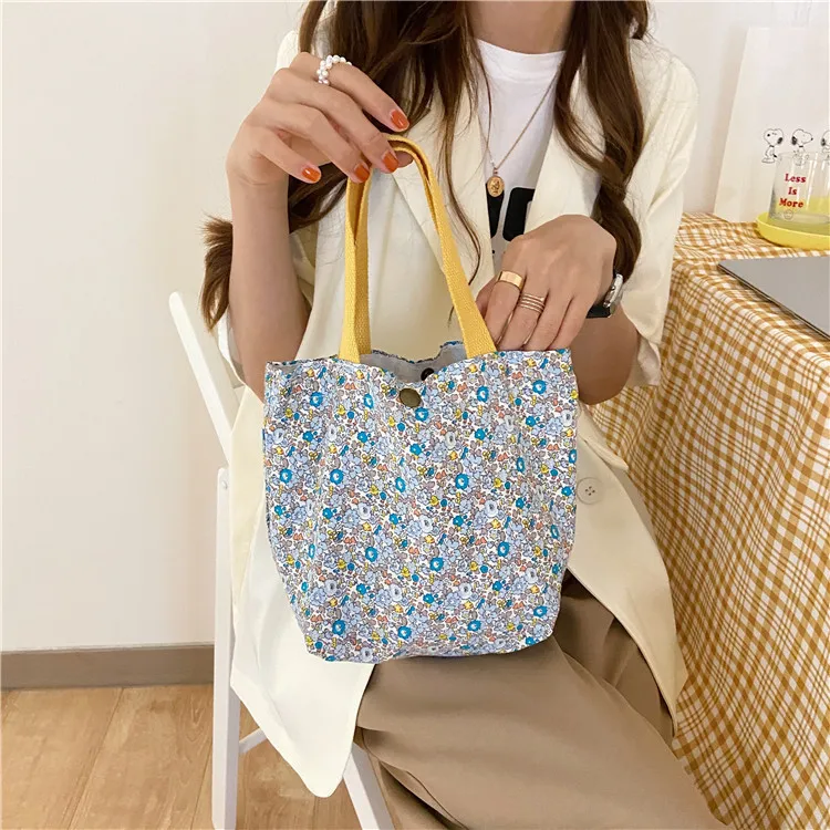 Casual Women Portable Lunch Bento Bag Retro Flower Ladies Small Handbags Cotton Cloth Female Shopper Clutch Purse Shoulder Bags