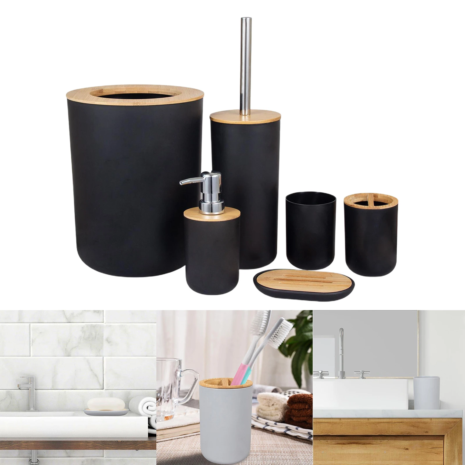 6-Piece Bathroom Set Accessories Lotion Dispenser Soap Tray Tumbler Black