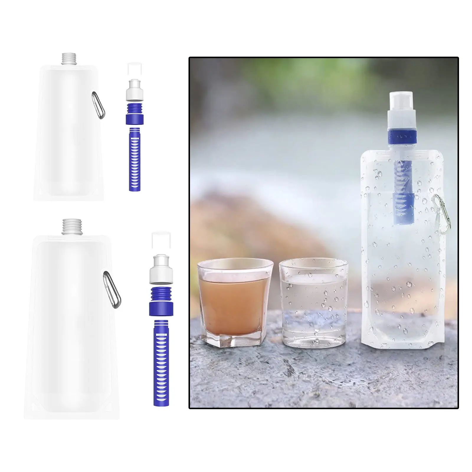 480/1000ml Collapsible Water Filter Bottle with Water Filter Straw BPA Free Outdoor Filtered Water Bag for Camping Cycling