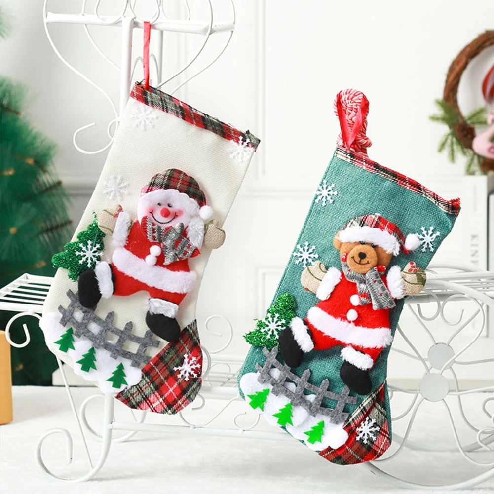Christmas Stockings Vintage Christmas Tree Decoration Cute Santa Snowman Socks Gift & Candy Holder with Hang Loops 3 Pack