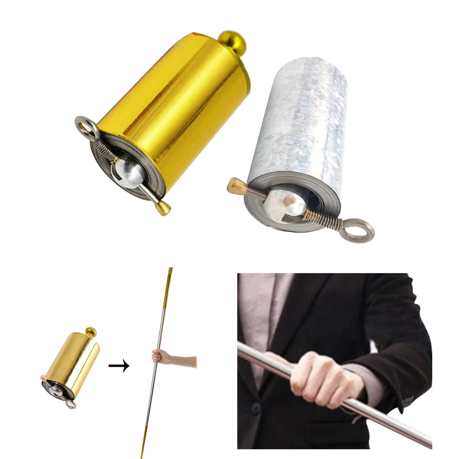 2Sets 110cm Golden Metal Appearing Cane with Teaching Cards, Pocket Staff magician Stage magician Trick for Amateur Beginners  