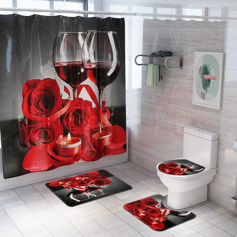 3pcs Valentine's Day Series Bath Rug Set Toilet Seat Cushion Cover Bathroom Mats 
