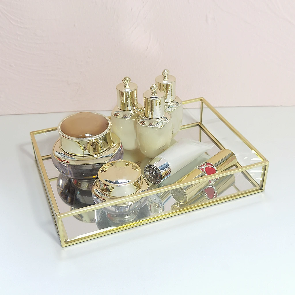 Retro Gold Rectangle Glass Decorative Storage Tray for Makeup Jewelry Display