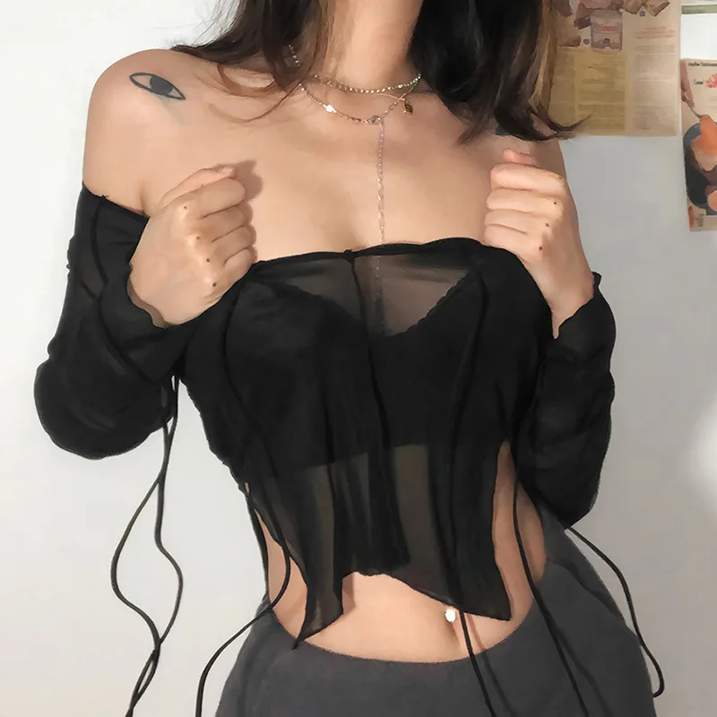 E-girl Mesh Transparent Crop Top Lace Up V Neck See Through Full Sleeve Split Tshirt Gothic Grunge Emo Alt Streetwear Women Tees