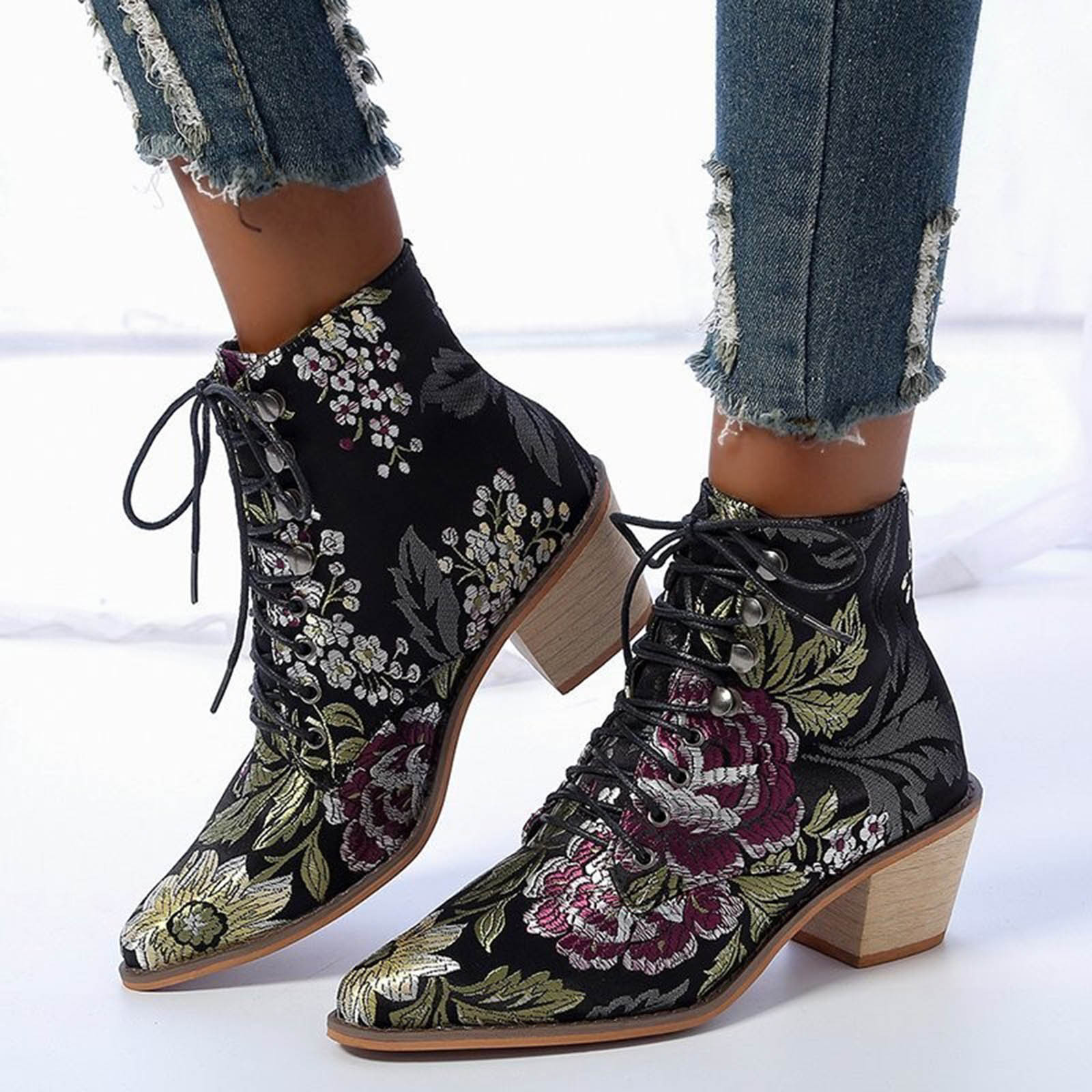 floral lace up ankle boots