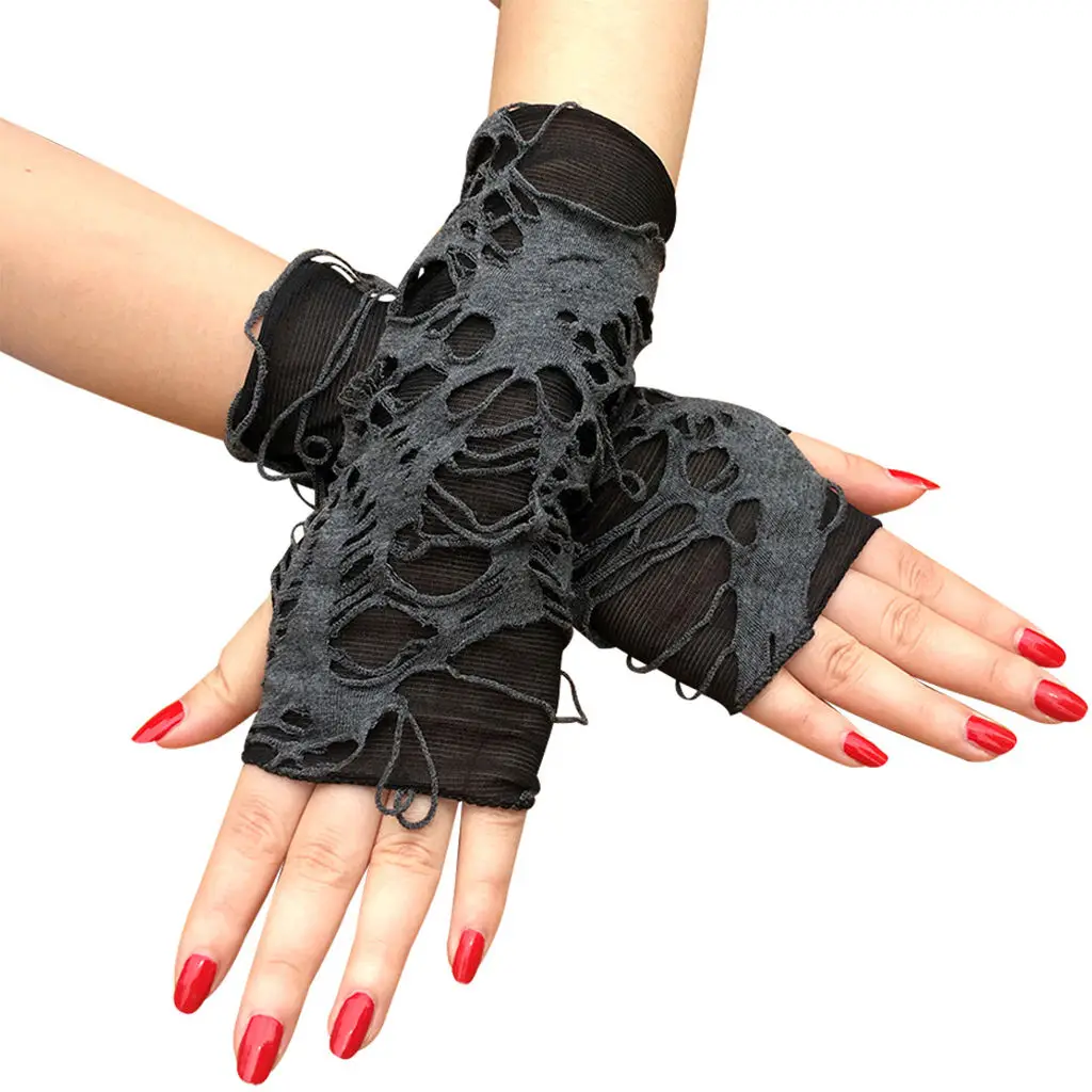 Women's Punk Fingerless Gloves Gothic Arm Warmer Ripped Gloves Costume Party